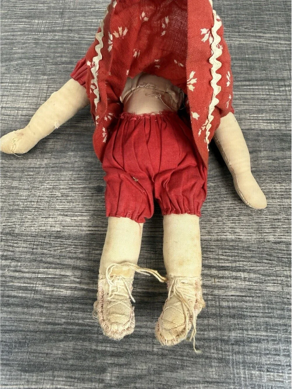 Vintage Handmade Cloth Rag Doll 8.5” Red Dress Yarn Hair Primitive Folk Art Toy